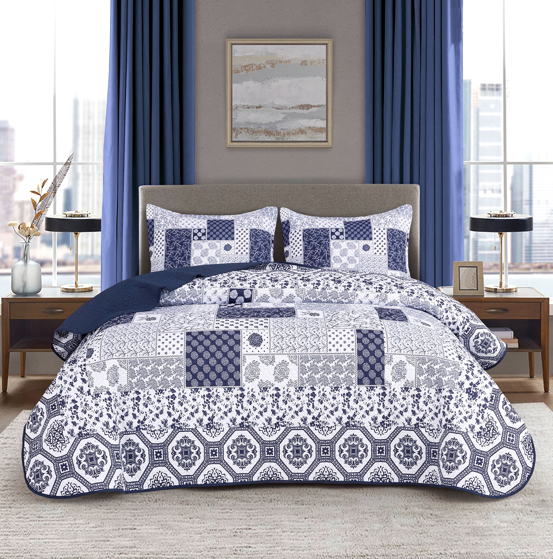 Tritard 3 Piece Blue White Queen Quilt Set Comforters Bedspreads Patchwork Coverlets All Season,90"x96"