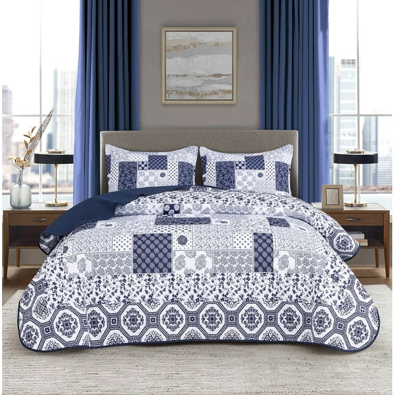 Tritard 3 Piece Blue White Queen Quilt Set Comforters Bedspreads Patchwork Coverlets All Season,90"x96"
