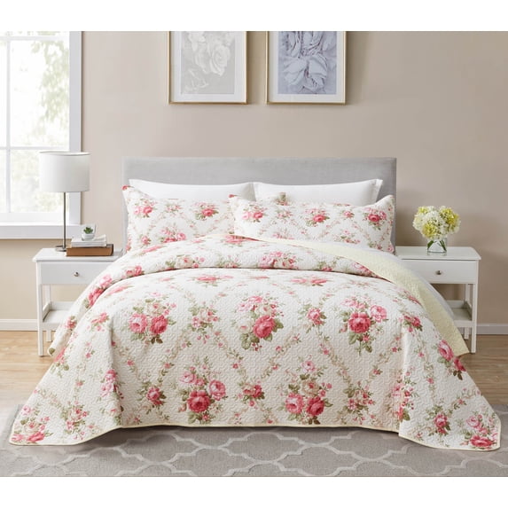 Tritard 3 Pieces Floral Quilt Set King Size Beige Pink Rose Print Shabby Chic Bedspread Coverlet Lightweight Bed Cover for All Season - 90" x 96"