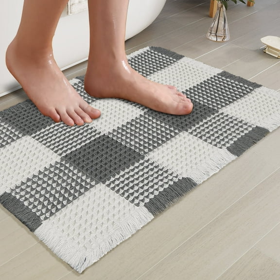 Tritard Waffle Style and Boho Soft Touch Non-Slip Bath Mat, Beige Polyester, 17" x 24"