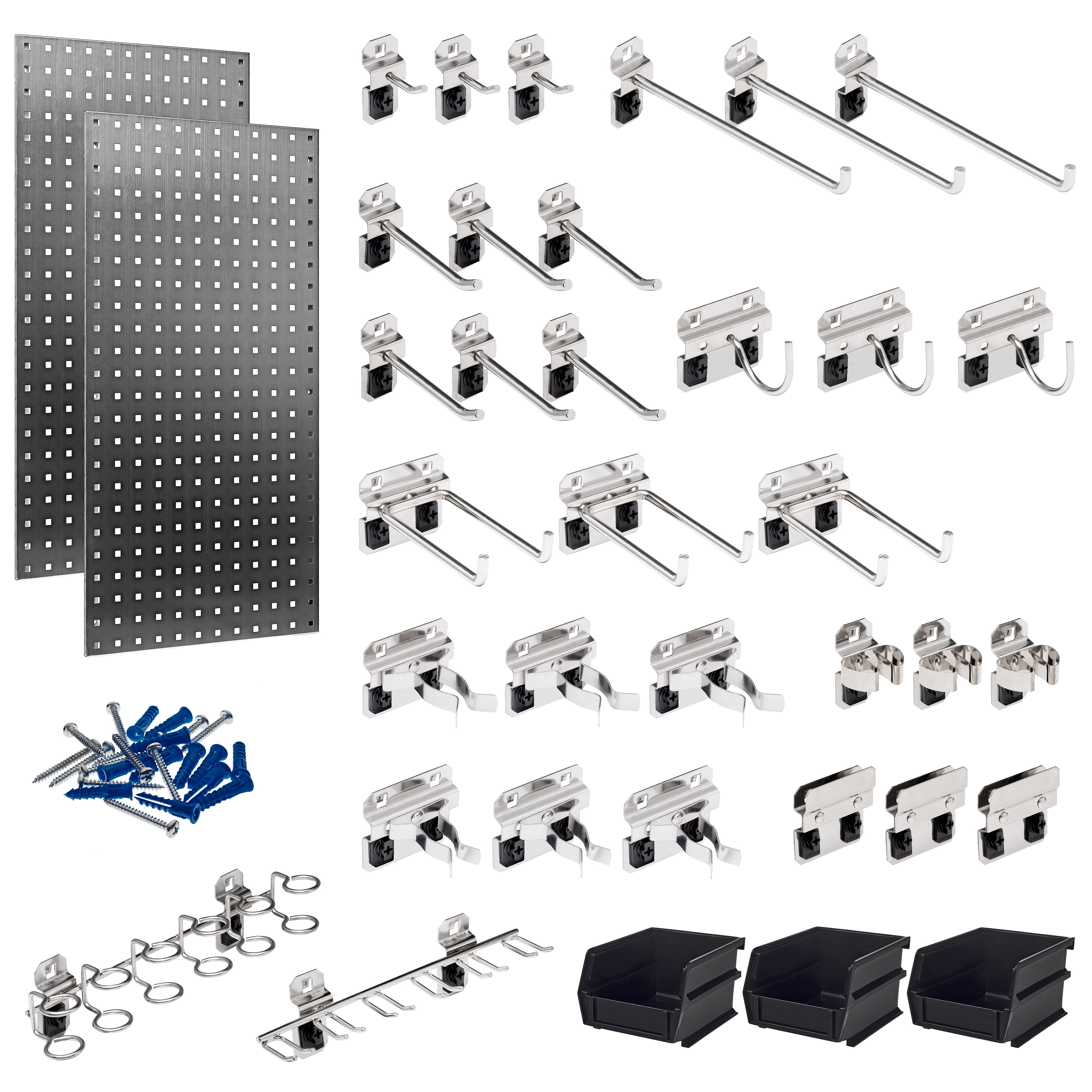 Triton Products® (2) 18 In. W x 36 In. H x 9/16 In. D 304 Stainless Steel Square Hole Pegboards with 32 pc. Stainless LocHook Assortment & (3) Plastic Hanging Bins Sansujyuku sansujyuku.com