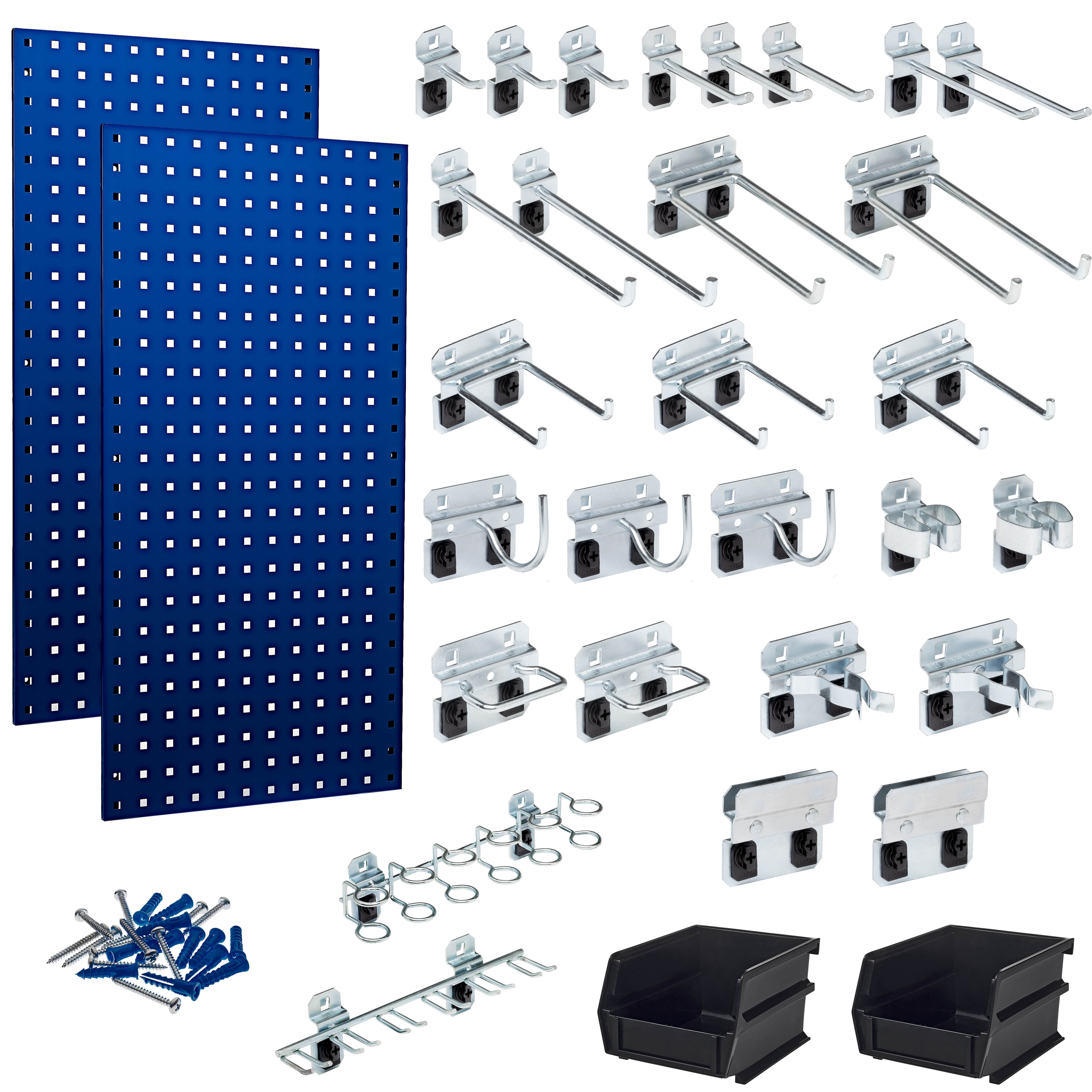 Triton Products® (2) 18x36x.5625 Blue Steel Square Hole Pegboards/28 Hooks/2 Bins