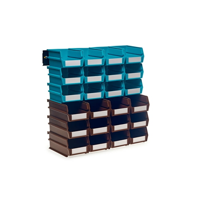 Triton Products® 26 Pc Wall Storage Unit with (12) 5-3/8L x 4-1/8W x 3H Teal Bins & (12) 7-3/8L x 4-1/8W x 3H Brown Bins, 24 CT, Wall Mount Rails 8-3/4L with Hardware, 2 Pk