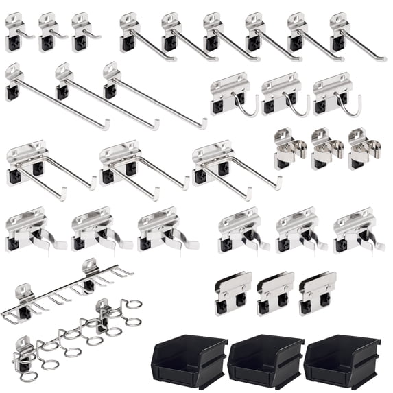 Triton Products 35 Pc Stainless Steel Hook & Bin Assortment for Stainless Steel LocBoard (32 Asst Hooks & 3 Bins)