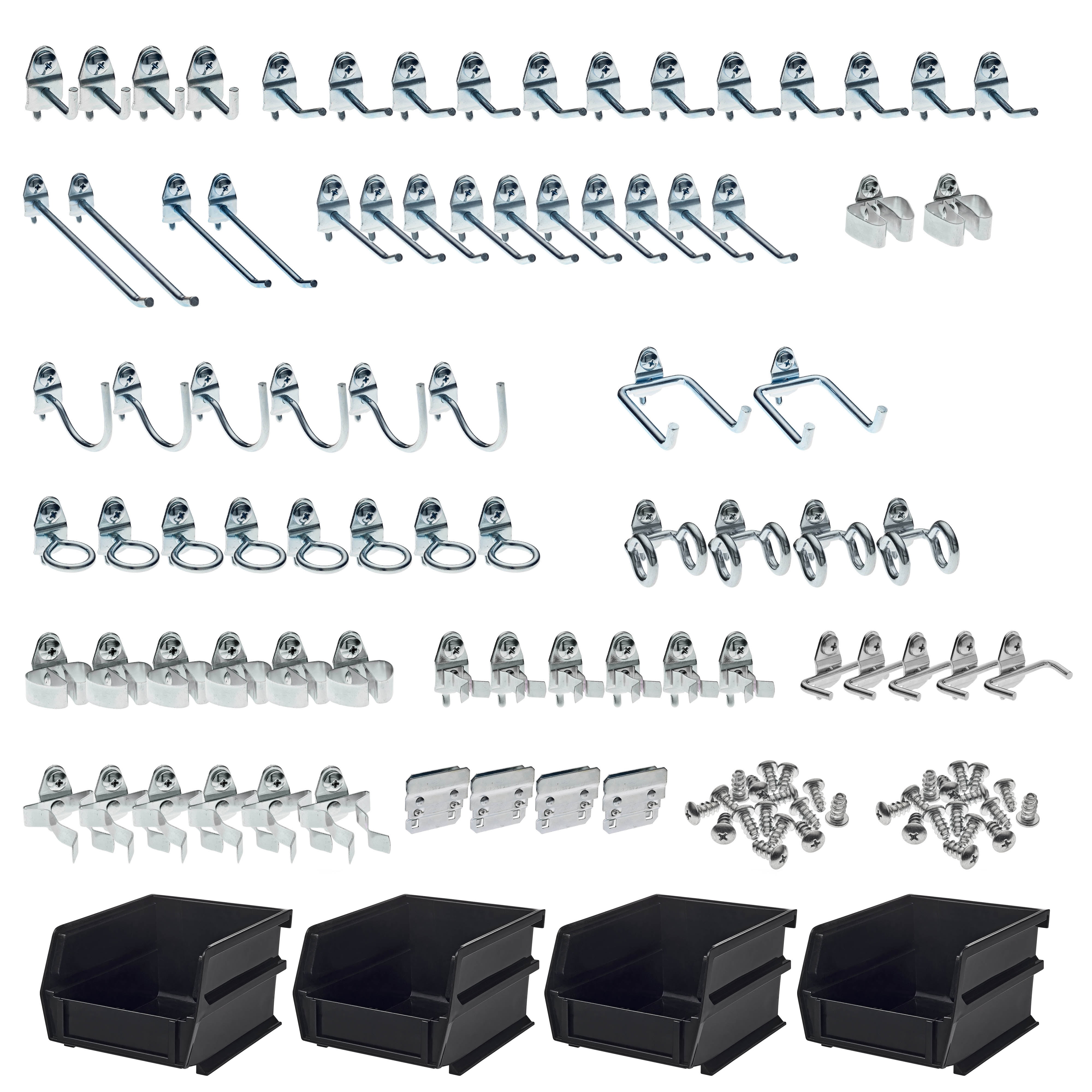 Triton Products® 83-Piece Steel Pegboard Hook & Plastic Bin Kit, 79 Hooks & 4 Bins