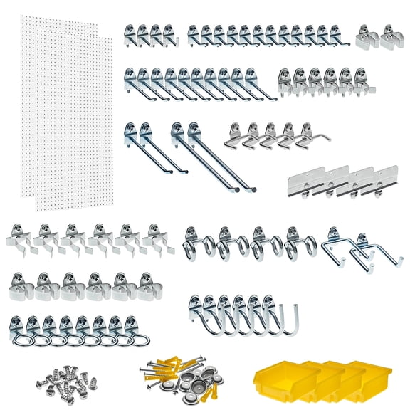 Triton Products B1639737 Polypropylene Pegboard Kit with 79 Dura Hooks & 4 Bins, White - 24 x 48 x 0.25 in.