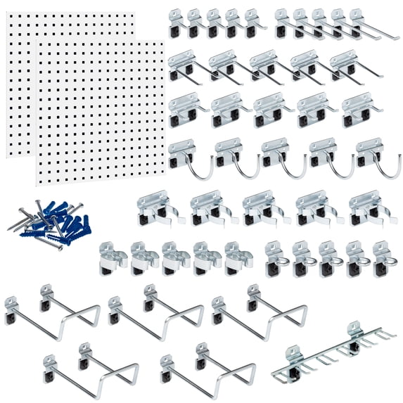 Triton Products® LB1-Kit (2) 24 In. W x 24 In. H x 9/16 In. D White Epoxy 18-Gauge Steel Square Hole Pegboards with 46 pc. LocHook Assortment