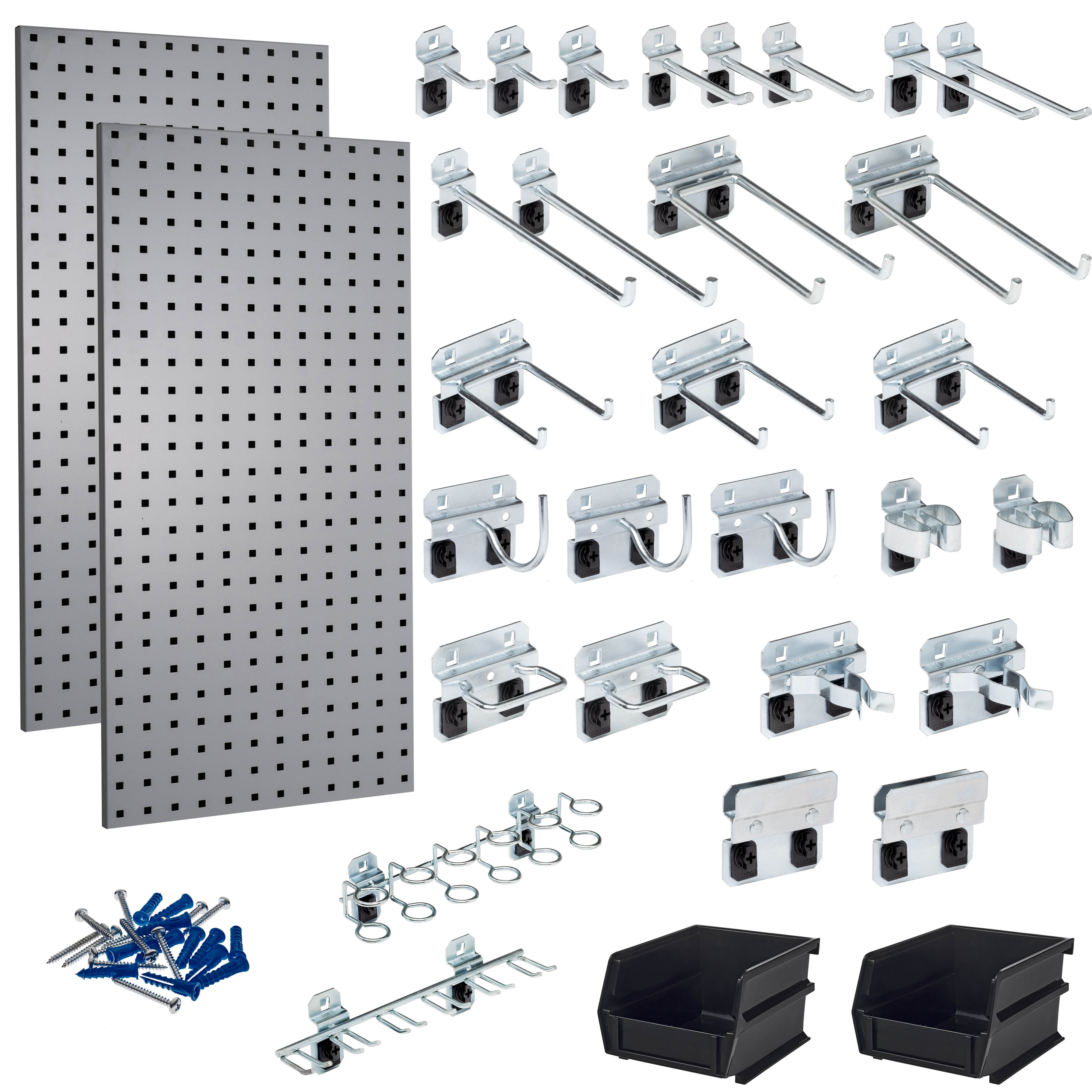 Triton Products LB18-GKit (2) 18" W x 36" H x 9/16" D Gray Steel Pegboards with28 Hooks and 2 Bins