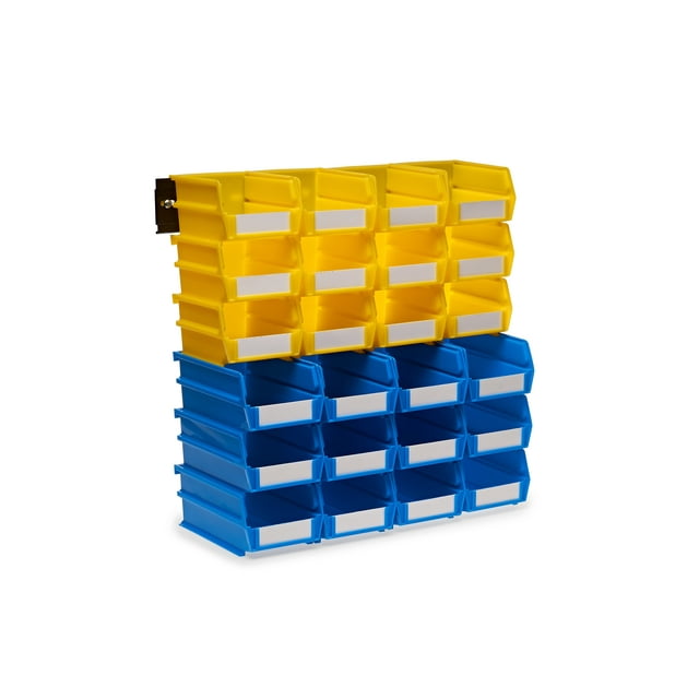 Triton Products® LocBin 26-Piece Wall Storage Unit with (12) 5-3/8"L x 4-1/8"W x 3"H YEL Bins & (12) 7-3/8"L x 4-1/8"W x 3"H Blue Bins, 24ct, Wall Mount Rails 8-3/4"L with Hardware, 2pk