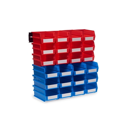 Triton Products LocBin 26-Piece Wall Storage Unit with (12) 5-3/8"L x 4-1/8"W x 3"H Red & (12) 7-3/8"L x 4-1/8"W x 3"H Blue Bins, 24ct, Mount Rails 8-3/4"L with Hardware, 2pk