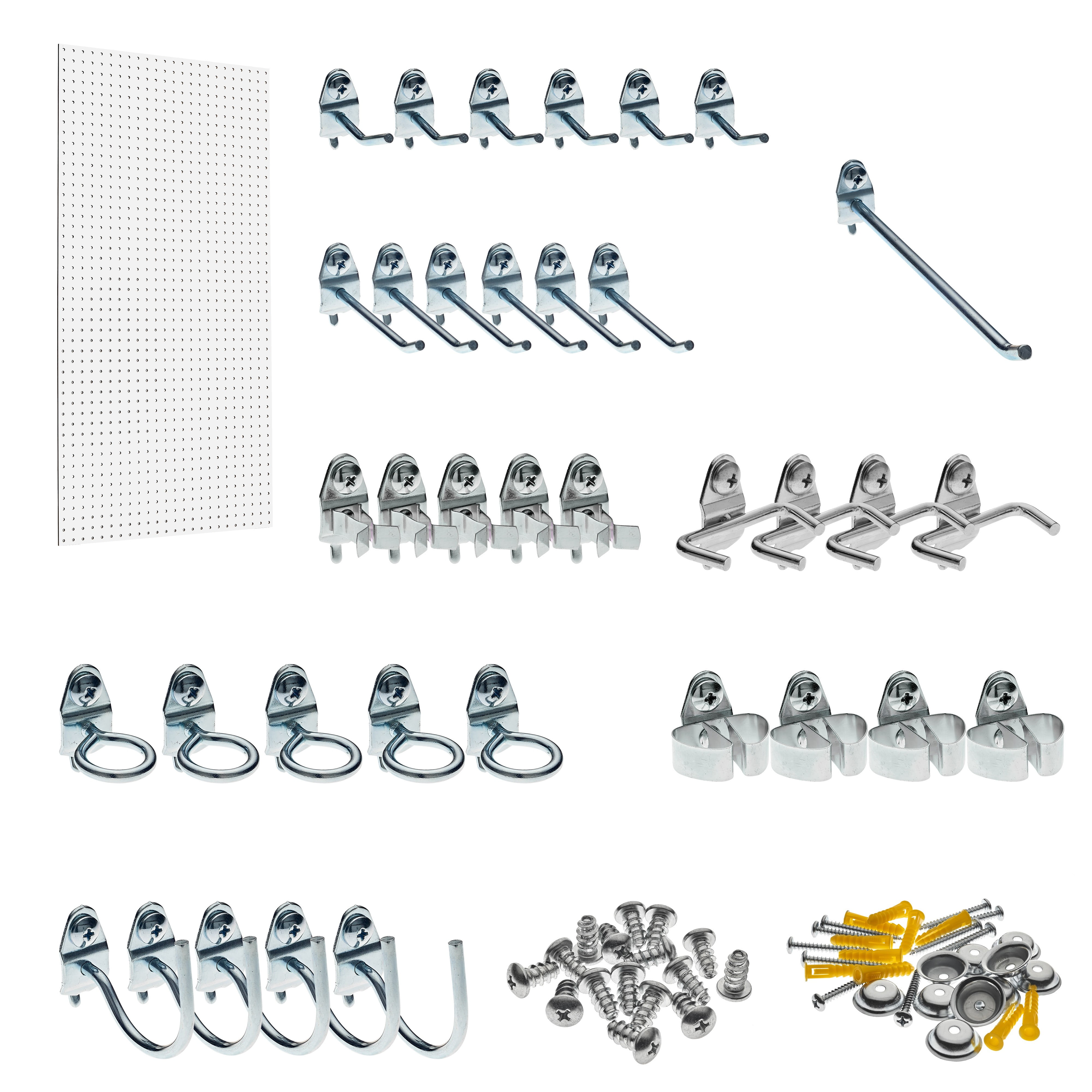 Triton Products® Wall Ready White Pegboard Kit 24 In. W x 42 In. H x 1/4 In. D Heavy Duty High Density Fiberboard Round Hole Pegboards with 36 pc. Locking Hook Assortment