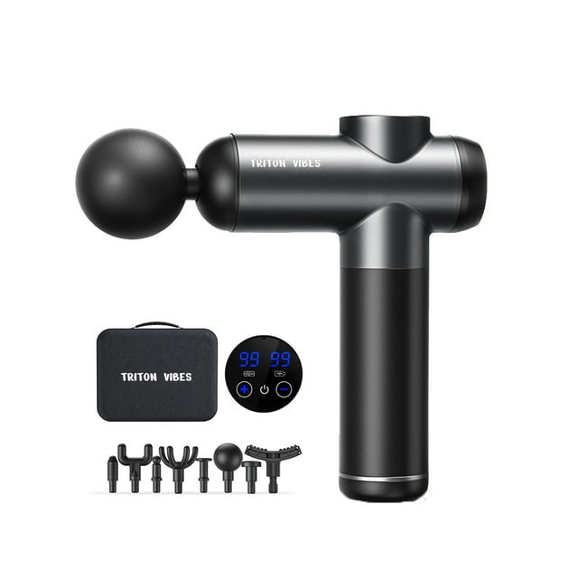 Triton Vibes Percussion Massage Gun – Deep Tissue Muscle Massager for Athletes with LCD Display, 8 Massage Heads & Portable Carrying Case for Pain Relief, Relaxation & Recovery