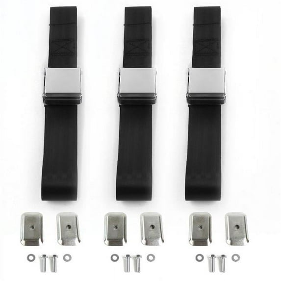 Triumph TR7, 8 1975-1982 Airplane 2 Point Black Lap Bench Seat Belt Kit with Bracketry - 3 Belts