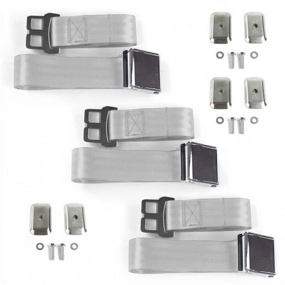 Triumph TR7, 8 1975-1982 Airplane 2 Point Gray & Grey Lap Bench Seat Belt Kit with Bracketry - 3 Belts