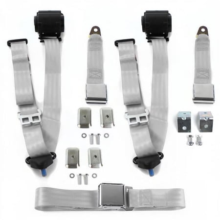 Triumph TR7, 8 1975-1982 Airplane 3 Point Gray & Grey Retractable Bench Seat Belt Kit with Bracketry - 3 Belts