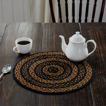 VHC Brands Black & Tan Table Mat- Pot Holder- Woven Jute Trivet, 15" Round