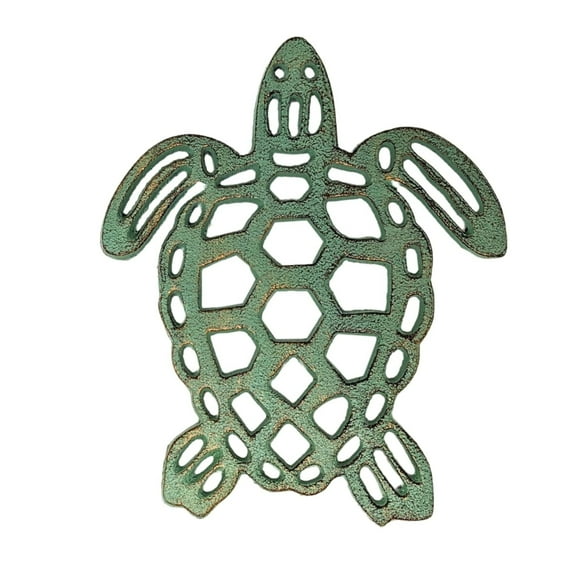 Sea Turtle Trivet for Hot Dishes – Verdigris Copper Green with Gold Touch – Cast Iron Kitchen Trivet with Rubber Feet – Coastal Nautical Decor & Ocean-Themed Gift – Heat Resistant Metal Hot Pad