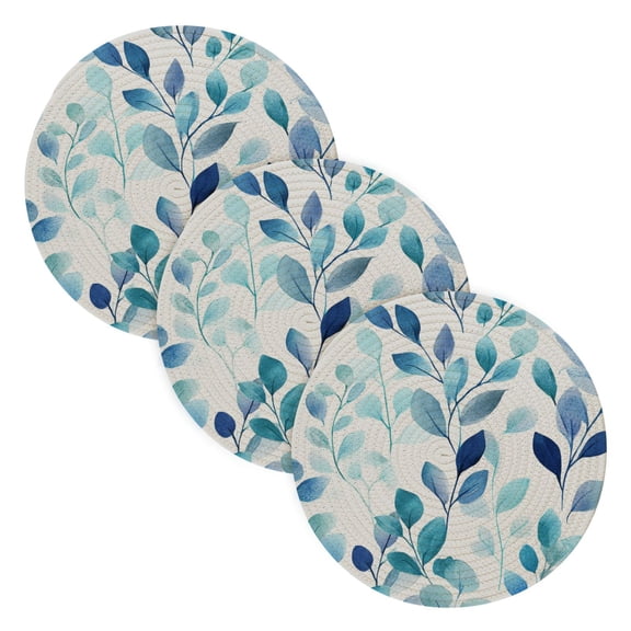 Trivets for Hot Dishes 15 Inches Hot Pads 3 Pcs Heat Resistant Mats for Countertop Polyester Cord Braiding Durable and Absorbent，Applicable to Kitchen Decor Blue and White Porcelain Leaves