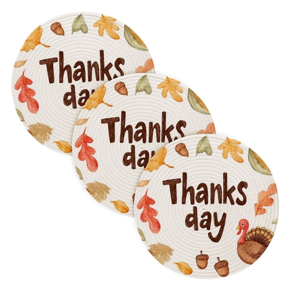 Trivets for Hot Dishes 15 Inches Hot Pads 3 Pcs Heat Resistant Mats for Countertop Polyester Cord Braiding Durable and Absorbent，Applicable to Kitchen Decor Little Turkey and Acorns