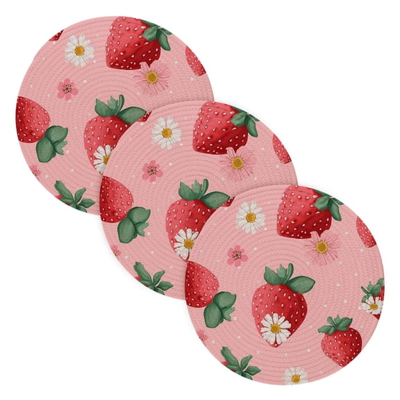 Trivets for Hot Dishes 15 Inches Hot Pads 3 Pcs Heat Resistant Mats for Countertop Polyester Cord Braiding Durable and Absorbent，Applicable to Kitchen Decor Strawberry