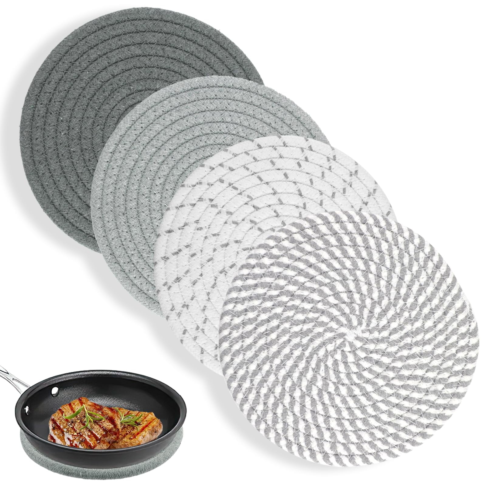 7" Gray and White Cotton Heat Resistant Trivets Set
