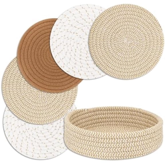 Trivets for Hot Dishes, Pots and Pans, Hot Pads with Storage Basket, Pot Holders for Kitchen, Heat Resistant Mat Protect Counter Home Essentials, Farmhouse Decor (Mix Brown 5 PCS)