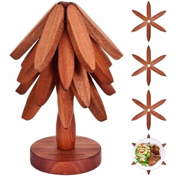 Trivets for Hot Dishes,Tree Shape Trivet Set,4 Wooden Trivets + 1 Stand, Heat-Resistant Foldable Wooden Tree Trivet Set for Pot、Bowl、Teapot、Hot Pot Holder$$Home Decor, Kitchen, & Other