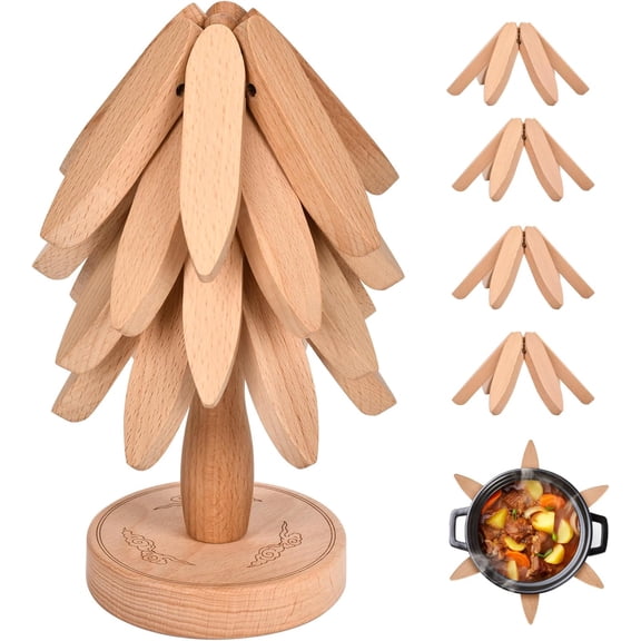 Trivets for Hot Dishes,Tree Shape Trivet Set,5 Wooden Trivets + 1 Stand, Heat-Resistant Foldable Wooden Tree Trivet Set for Pot?Bowl?Teapot?Hot Pot Holder