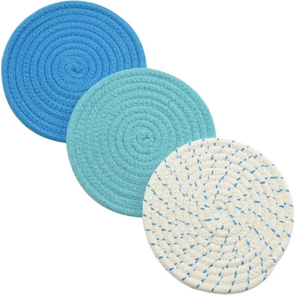 Trivets for Hot Pots and Pans 7 inches 3 Pcs, Cotton Thread Weave Trivet for Hot Dishes, Hot Pads for Kitchen Table, Large Coasters Cotton Mat to Protect Counter, Cooking Potholder Set (Blue, 3)