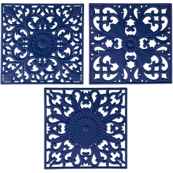 Trivets Mats for Hot Pots and Pans, Square Non Slip Mat for Table Multi-Use Carved Hot Pads and Mats, Flexible Modern Pad  Big Teapot Coaster Set of 3 Blue