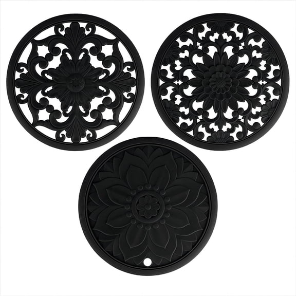 Trivets - Silicon Mats for Hot Pots and Pans, Multi-Use Carved Hot Pads, Flexible Modern Kitchen Table Mat,  Round Teapot Coaster Set of 3 Black