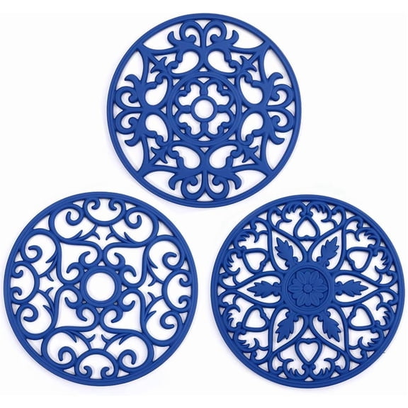 Trivets for Dishes/Pots/Pans, 3 count  Mats, Flexible/Durable/Non Slip Hot Pads to Protect Table and Counter  (Deep Blue)