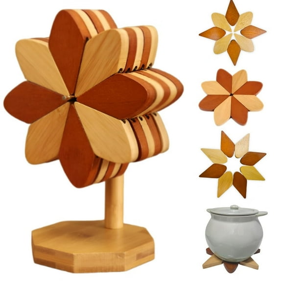 Trivets for Hot Dishes Decorative,Kitchen Bamboo Trivets for Hot Dishes,for Pots and Pans/Hot Dishes/Bowl/Teapot(5 Layers+1 Stand)