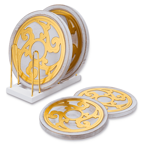 Trivets for Hot Dishes - Set of 4 with Holder | White Washed Wood & Gold Trivet Set | Boho Kitchen Trivet for Hot Pans, Perfect Housewarming Gift