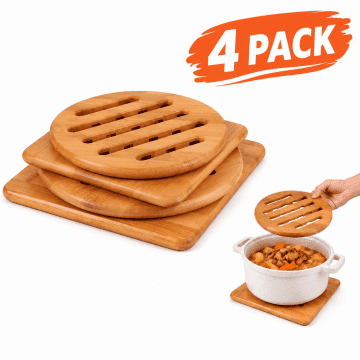 Trivets for hot dishes, hot pads for countertops, bamboo coasters, hot pan mat, Hollow Slotted Wooden Hot Pads for Pots Teapots, 4 Pack Assorted Round & Square Bamboo Trivet Set