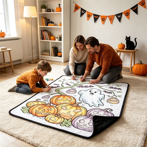 Trivibe DIY Coloring Throw Blanket Reusable Halloween Ghost Pumpkin Painting Mat Washable Creative Art Blanket for Family Parent Child Interactive Activity