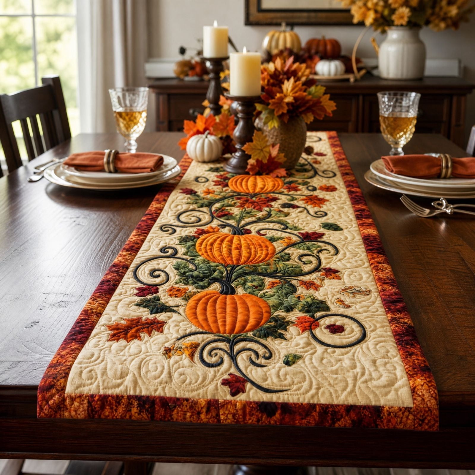 Trivibe Quilted Fall Table Runner Pumpkin Harvest and Autumn Leaf ...