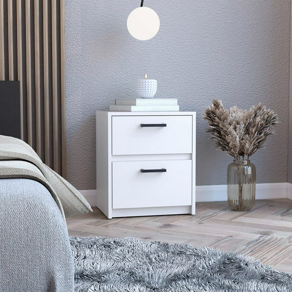 Trivor 2 Drawers Nightstand, Metal Handles White
