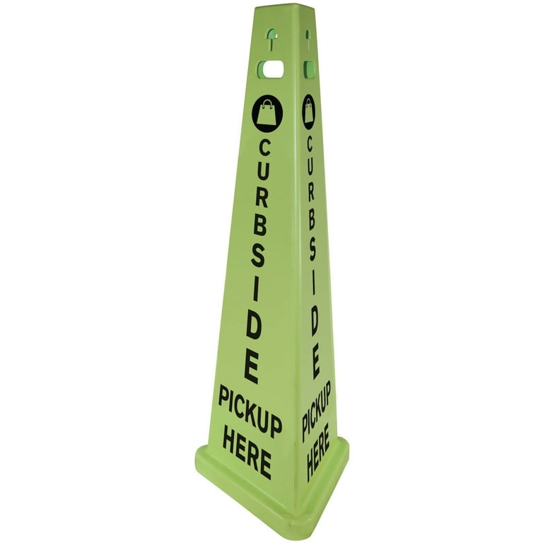 TriVu 3-Sided Curbside Pickup Here Sign, Fluorescent Green, 14.75 x 12.7 x 40, Plastic TriVu 3-Sided Curbside Pickup Here Sign, Fluorescent Green, 14.75 x 12.7 x 40, Plastic