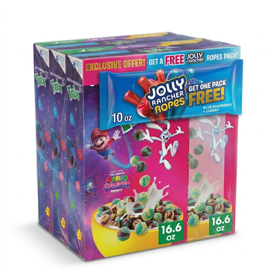 Trix Blue Raspberry Breakfast Cereal Super Mario Movie Family Size Cereal, 16.6 oz (Pack of 3) + Free Jolly Rancher Ropes Candy 10 oz Customized Pack