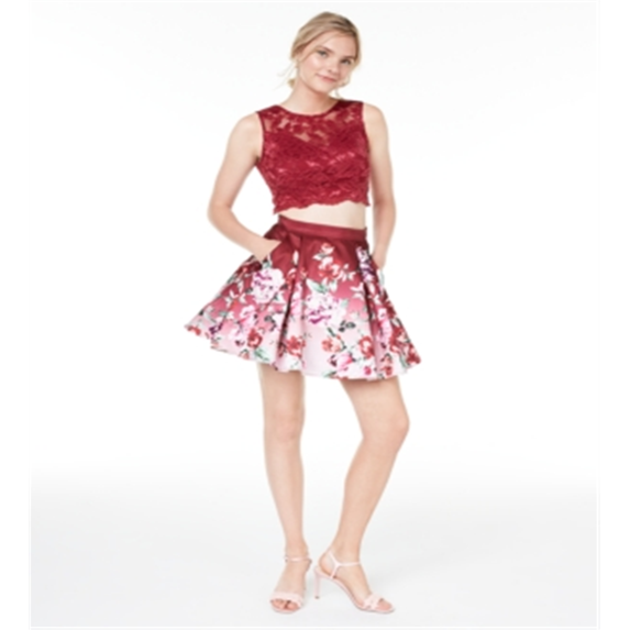 Trixxi Juniors' 2-Pc. Lace Floral-Print Fit & Flare Dress Purple Size 1