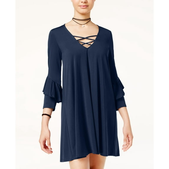 Trixxi Juniors Crisscross Ruffle Sleeve Dress Navy L