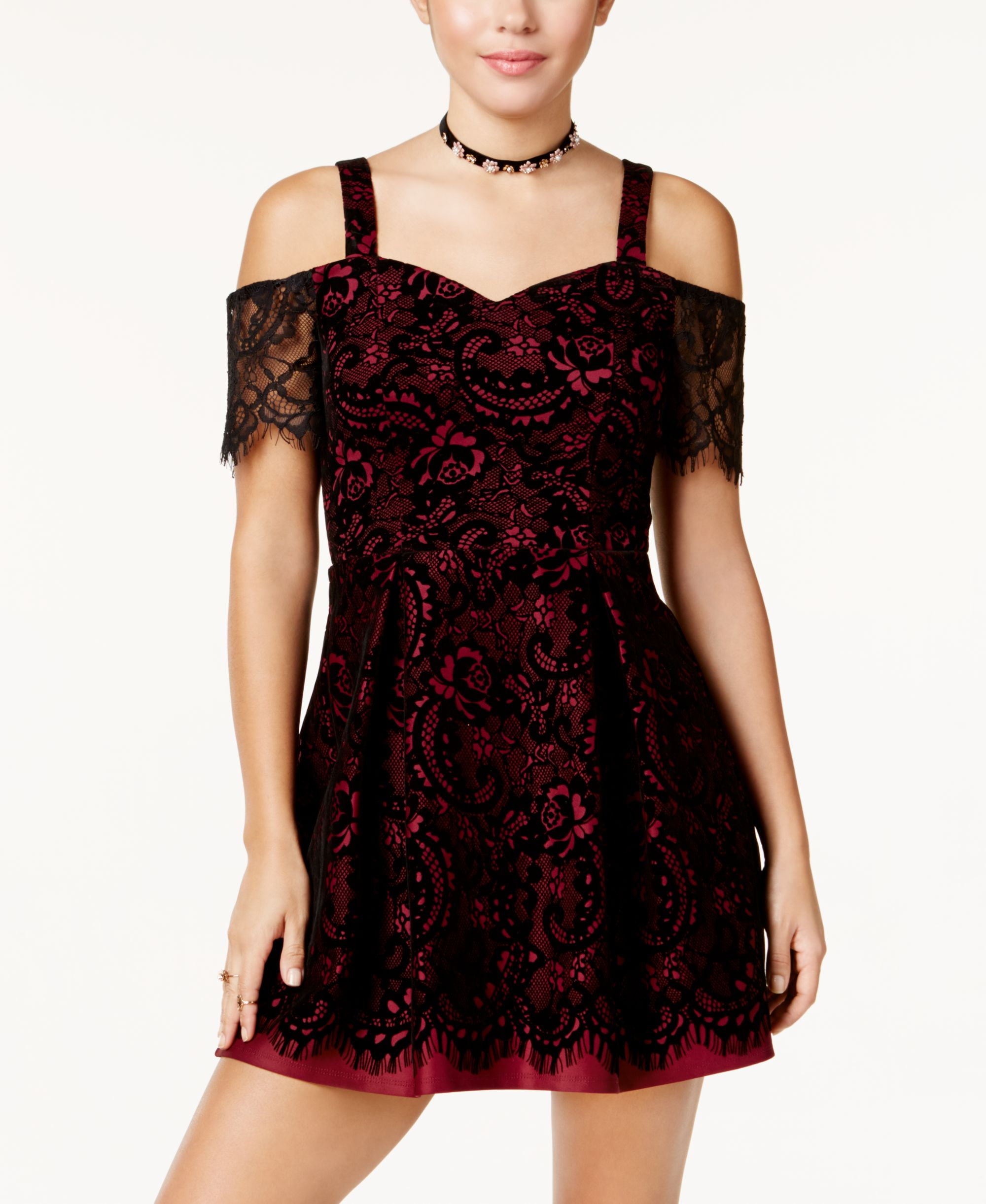 Trixxi Juniors Flocked Fit Flare Dress Wine Black 7