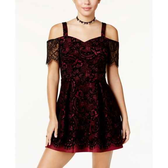 Trixxi Juniors Flocked Fit Flare Dress Wine Black 7