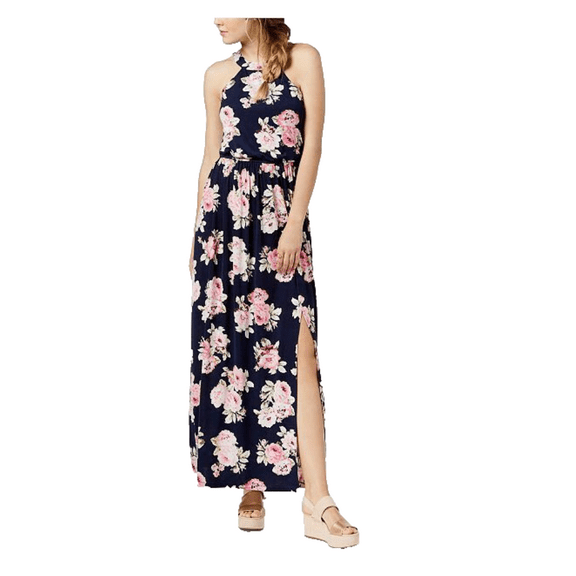 Trixxi Juniors' Floral Open-Back Maxi Dress, Navy/Ivory, Small