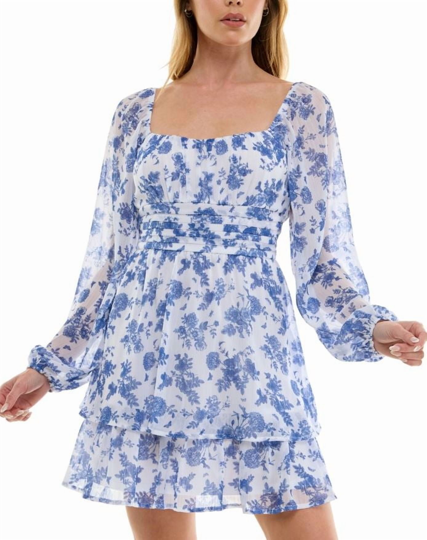 Trixxi Juniors' Floral Print Chiffon Blouson-Sleeve Fit & Flare Dress,Medium