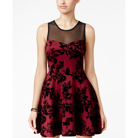 Trixxi Juniors Illusion Velvet Print Fit Flare Dress Black Wine S