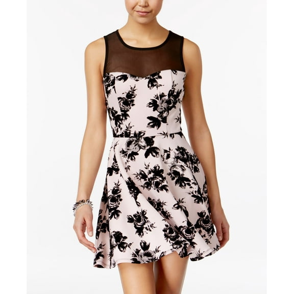 Trixxi Juniors Illusion Velvet Print Fit Flare Dress Blush Black XS