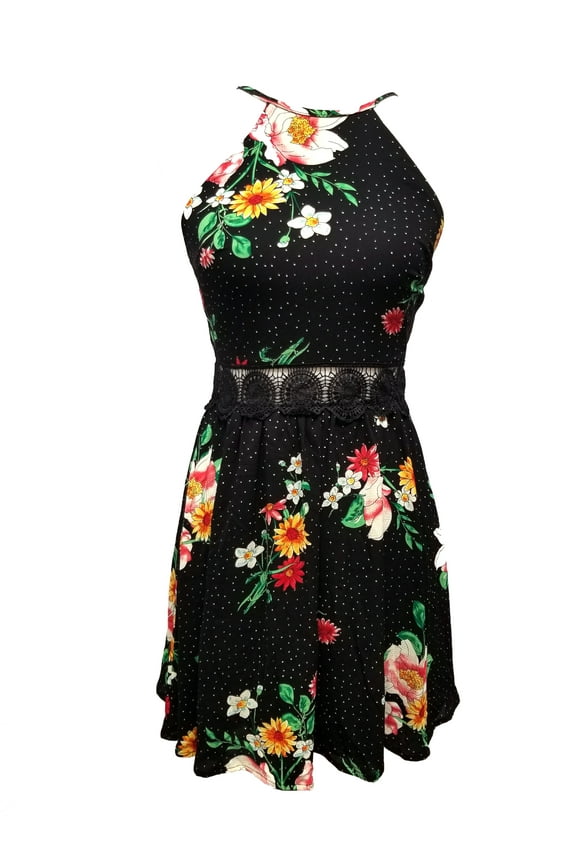 Juniors Printed Illusion Waist Dress Black Floral 1