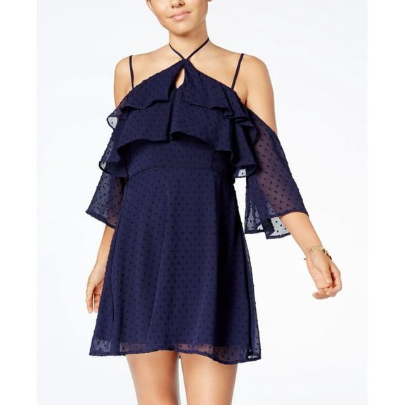 Trixxi Juniors Ruffled Cold Shoulder Dress Navy S